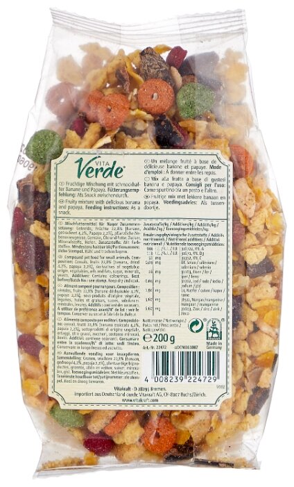 Лакомство для кроликов, грызунов Vitakraft Vita Verde Fruit mix папайя и банан 200 г Лакомство для кроликов, грызунов Vitakraft Vita Verde Fruit mix папайя и банан 200 г